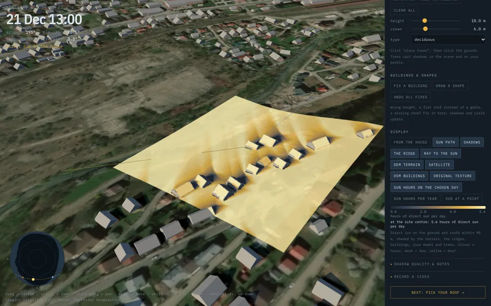 Map of sun hours on 21 December within 90 m of a house in Bușteni: yellow where there is most sun, dark in the shade of the houses.